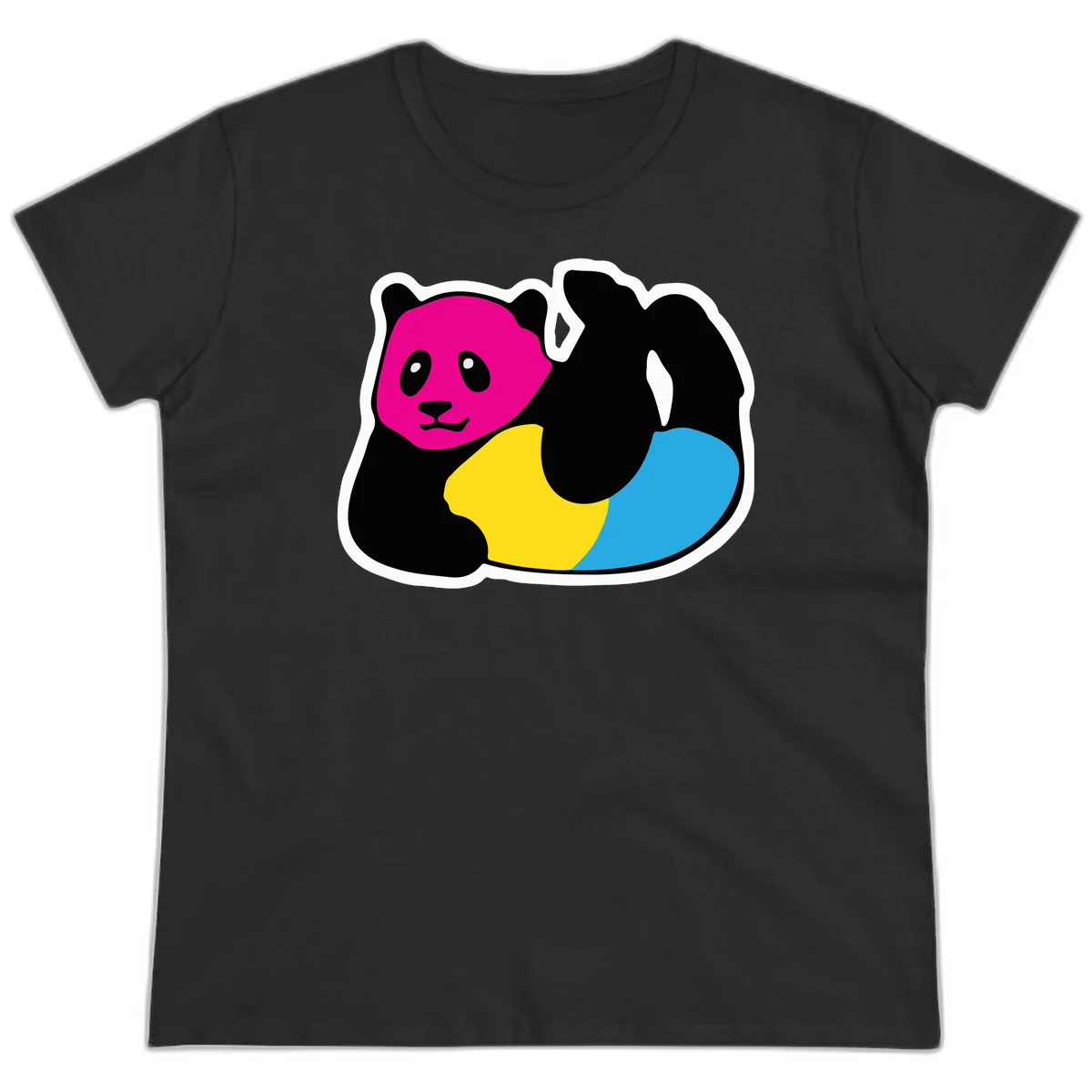 Cute panda illustration with magenta face, black body, and rainbow-colored yellow and cyan tail for pride-panda-rainbow design in Black