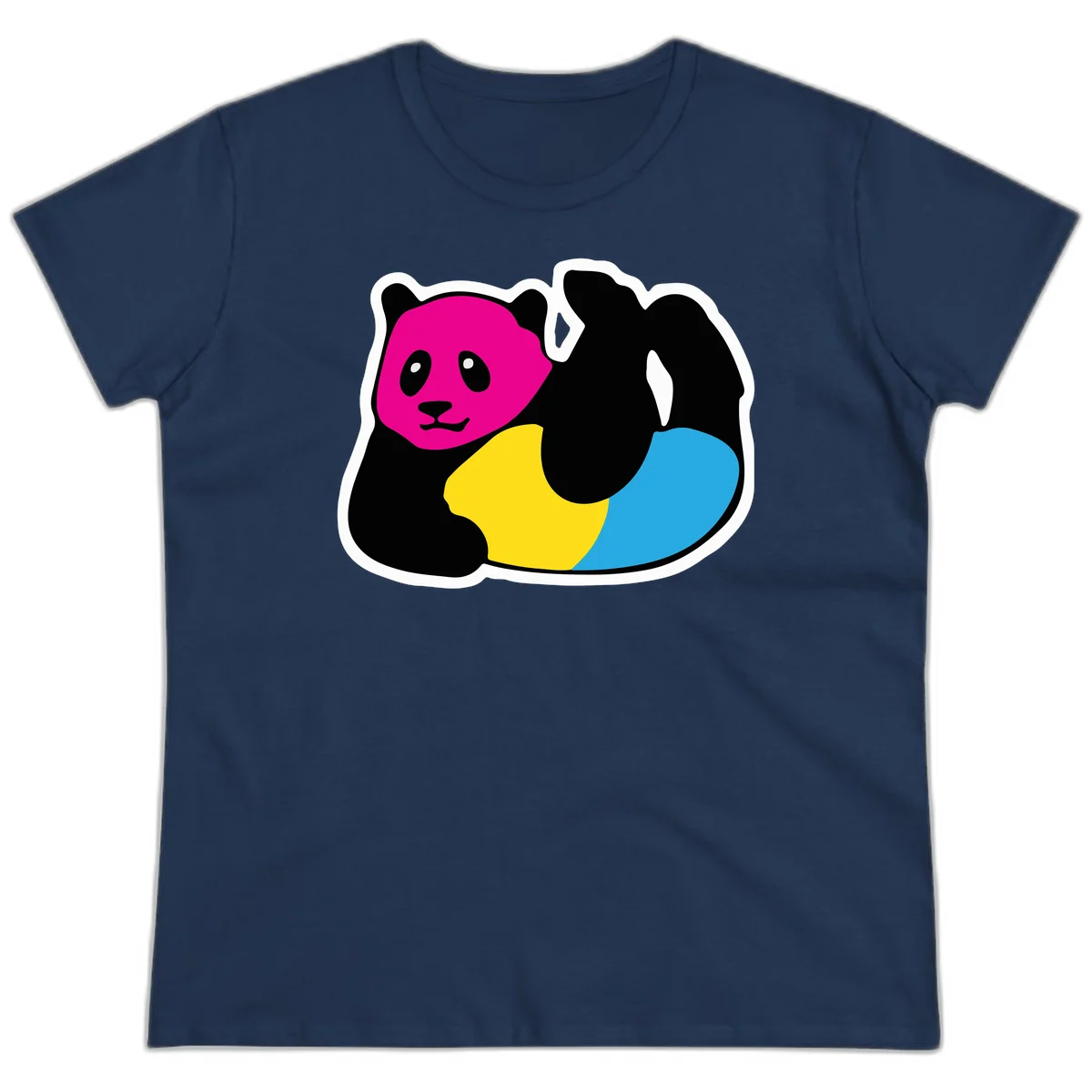 Cute panda illustration with magenta face, black body, and rainbow-colored yellow and cyan tail for pride-panda-rainbow design in Navy