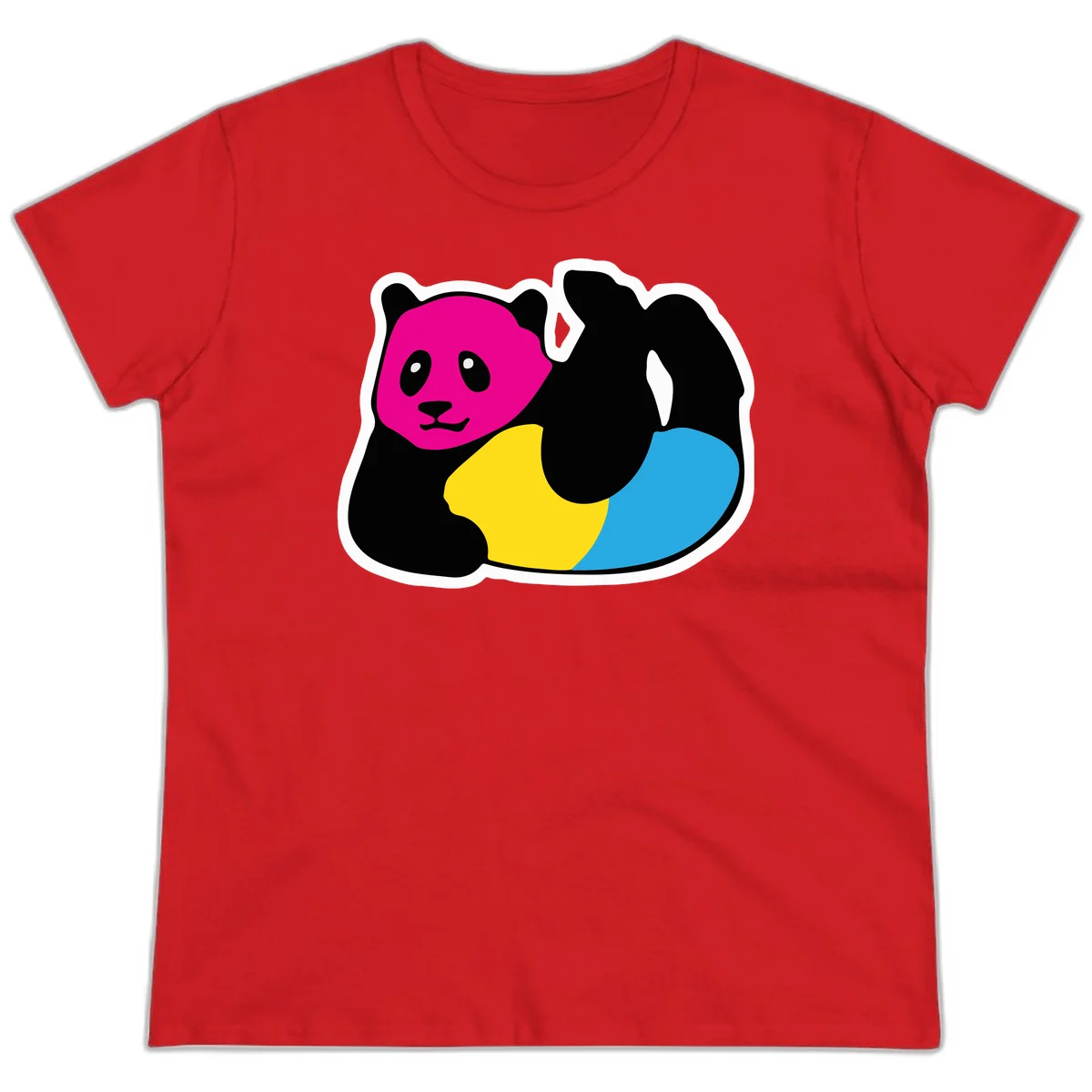 Cute panda illustration with magenta face, black body, and rainbow-colored yellow and cyan tail for pride-panda-rainbow design in Red