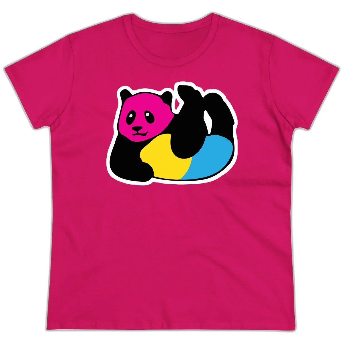 Cute panda illustration with magenta face, black body, and rainbow-colored yellow and cyan tail for pride-panda-rainbow design in Heliconia