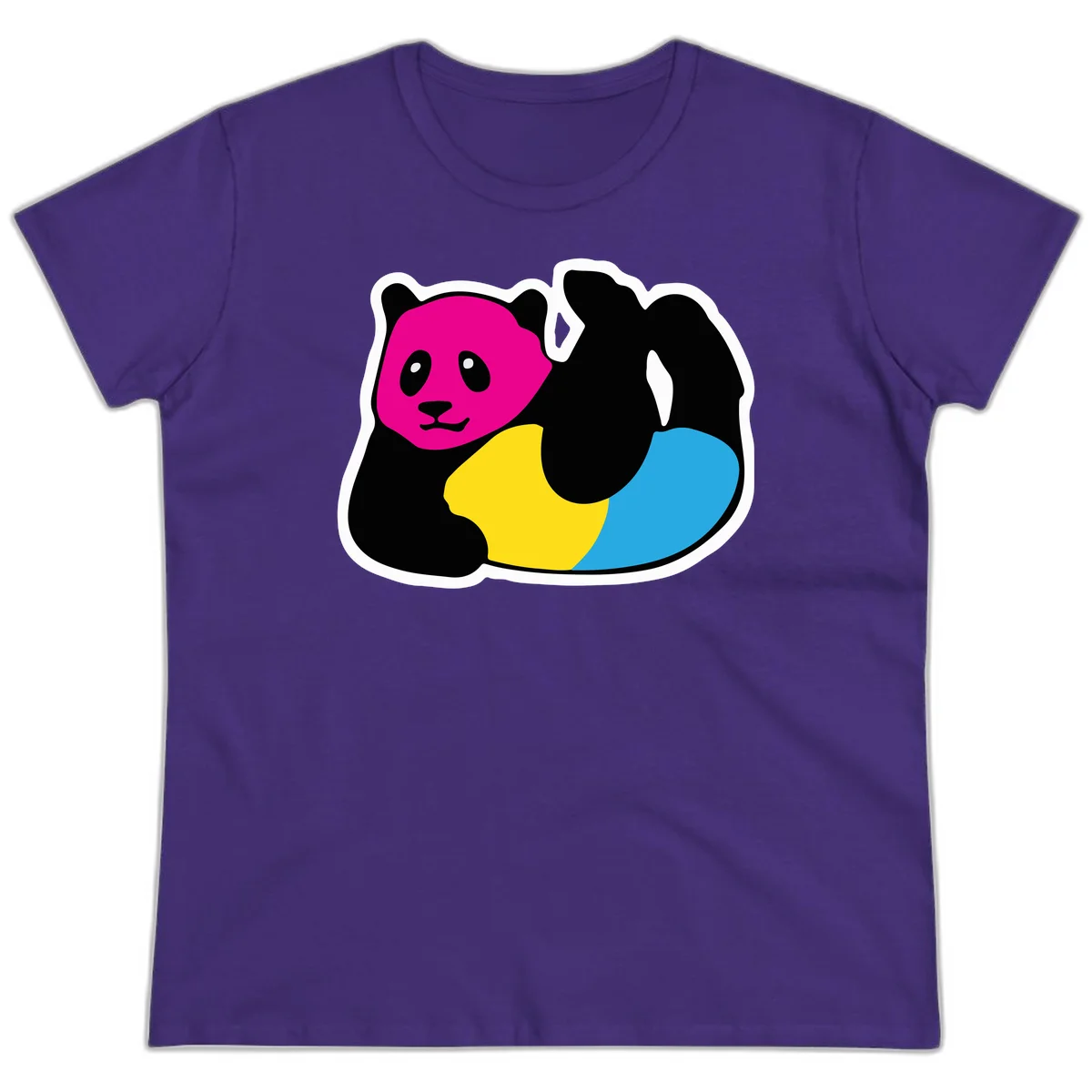 Cute panda illustration with magenta face, black body, and rainbow-colored yellow and cyan tail for pride-panda-rainbow design in Purple