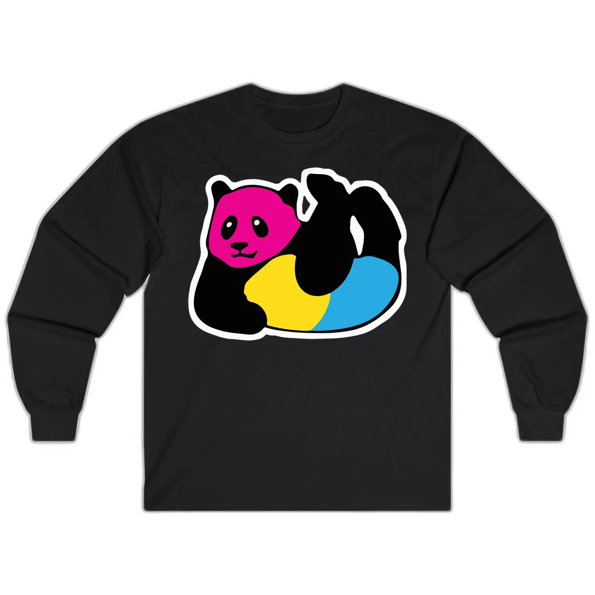 Cute panda illustration with magenta face, black body, and rainbow-colored yellow and cyan tail for pride-panda-rainbow design in Black