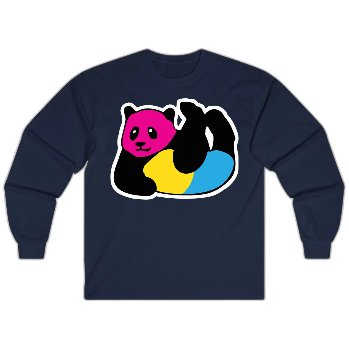 Cute panda illustration with magenta face, black body, and rainbow-colored yellow and cyan tail for pride-panda-rainbow design in Navy