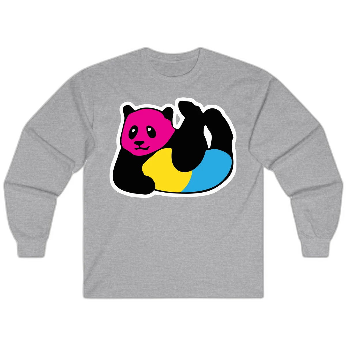 Cute panda illustration with magenta face, black body, and rainbow-colored yellow and cyan tail for pride-panda-rainbow design in Sport Grey