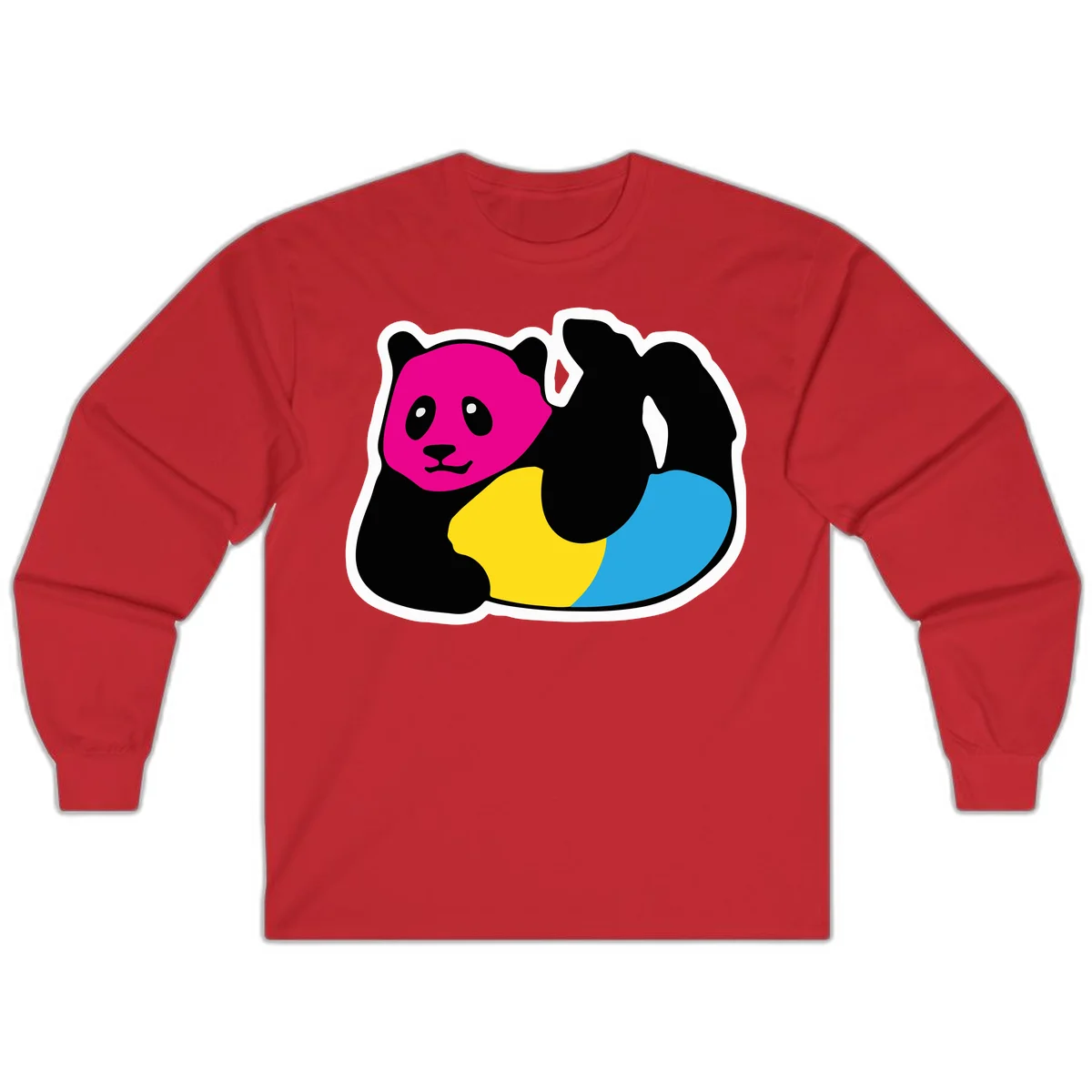 Cute panda illustration with magenta face, black body, and rainbow-colored yellow and cyan tail for pride-panda-rainbow design in Red