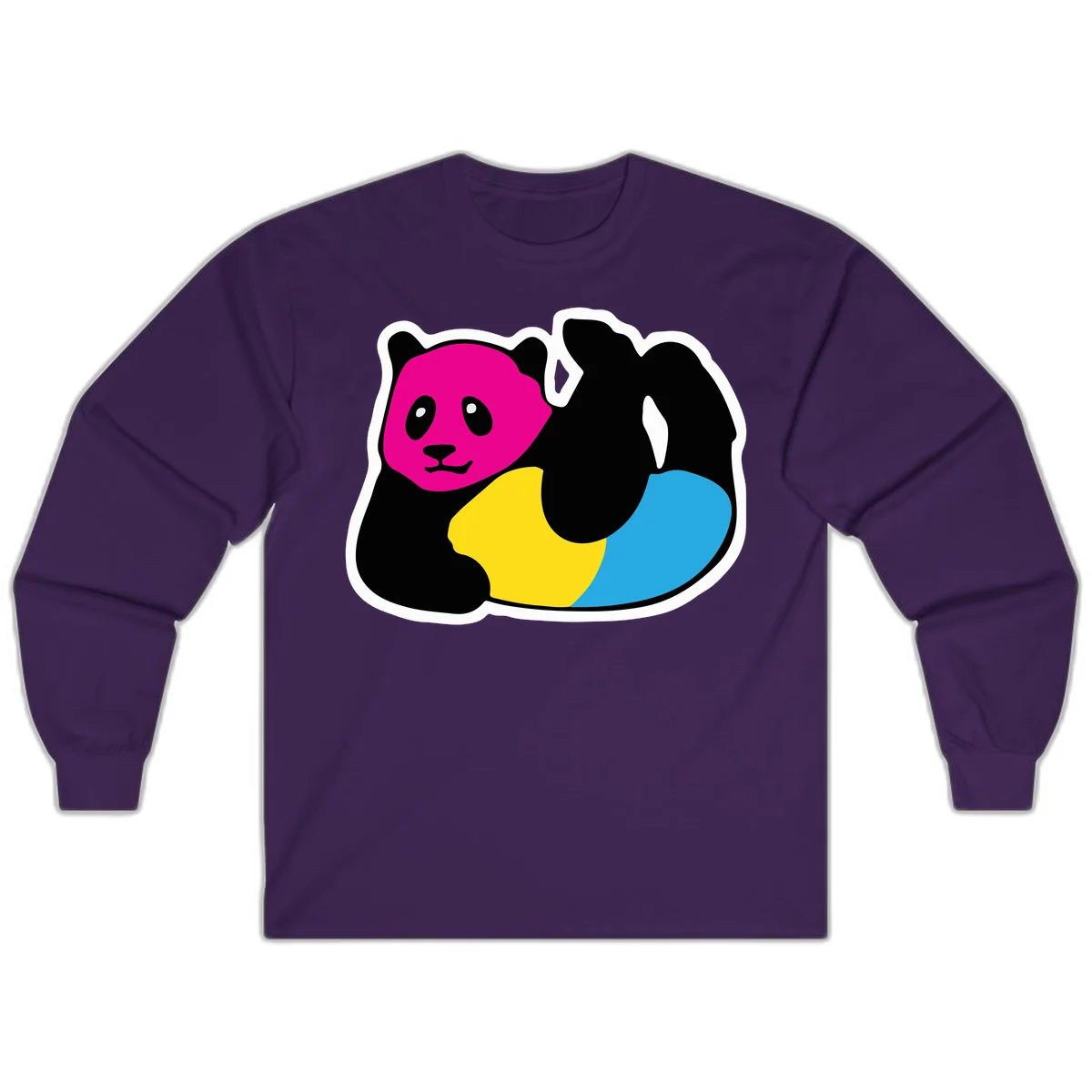Cute panda illustration with magenta face, black body, and rainbow-colored yellow and cyan tail for pride-panda-rainbow design in Purple