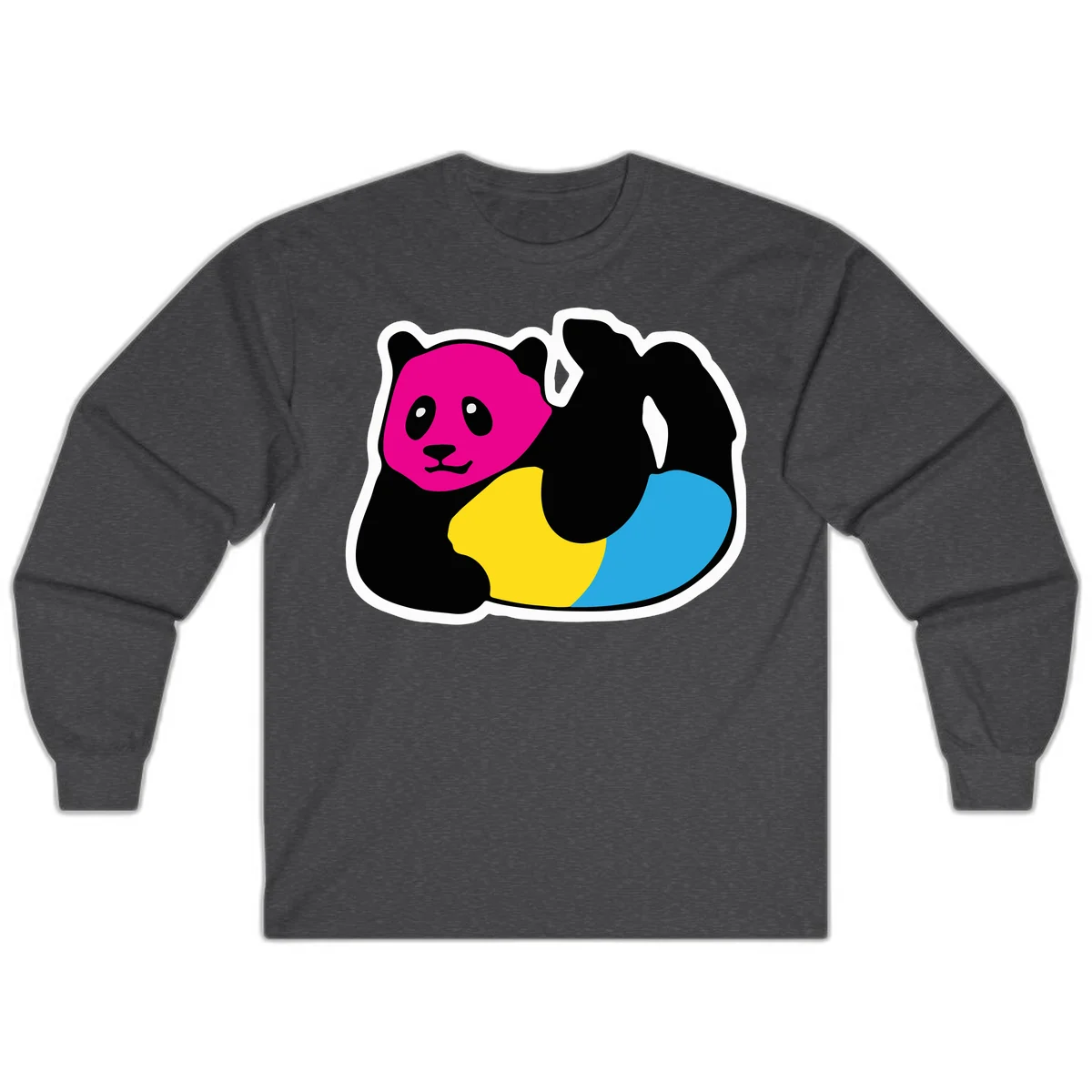 Cute panda illustration with magenta face, black body, and rainbow-colored yellow and cyan tail for pride-panda-rainbow design in Dark Heather