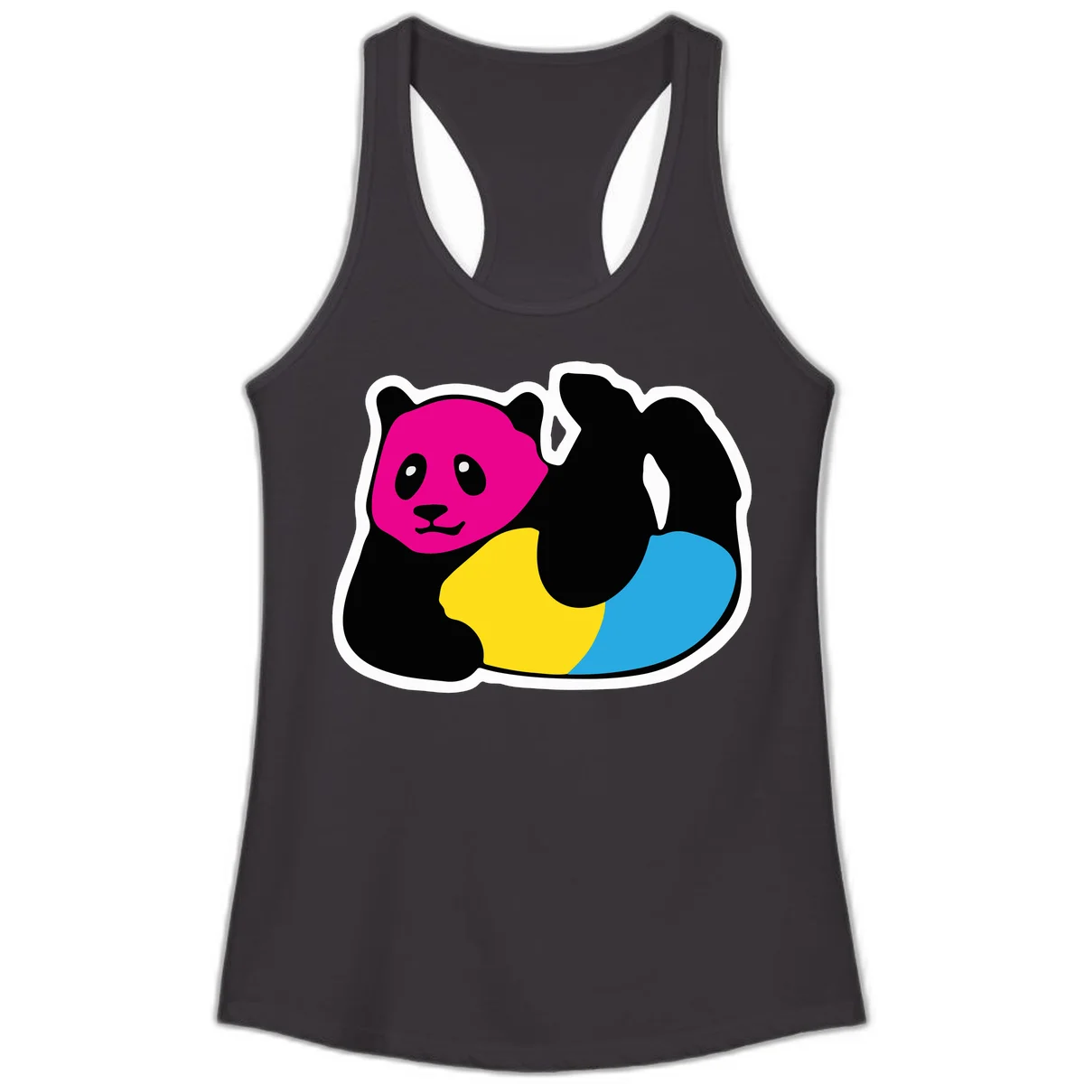 Cute panda illustration with magenta face, black body, and rainbow-colored yellow and cyan tail for pride-panda-rainbow design in Black