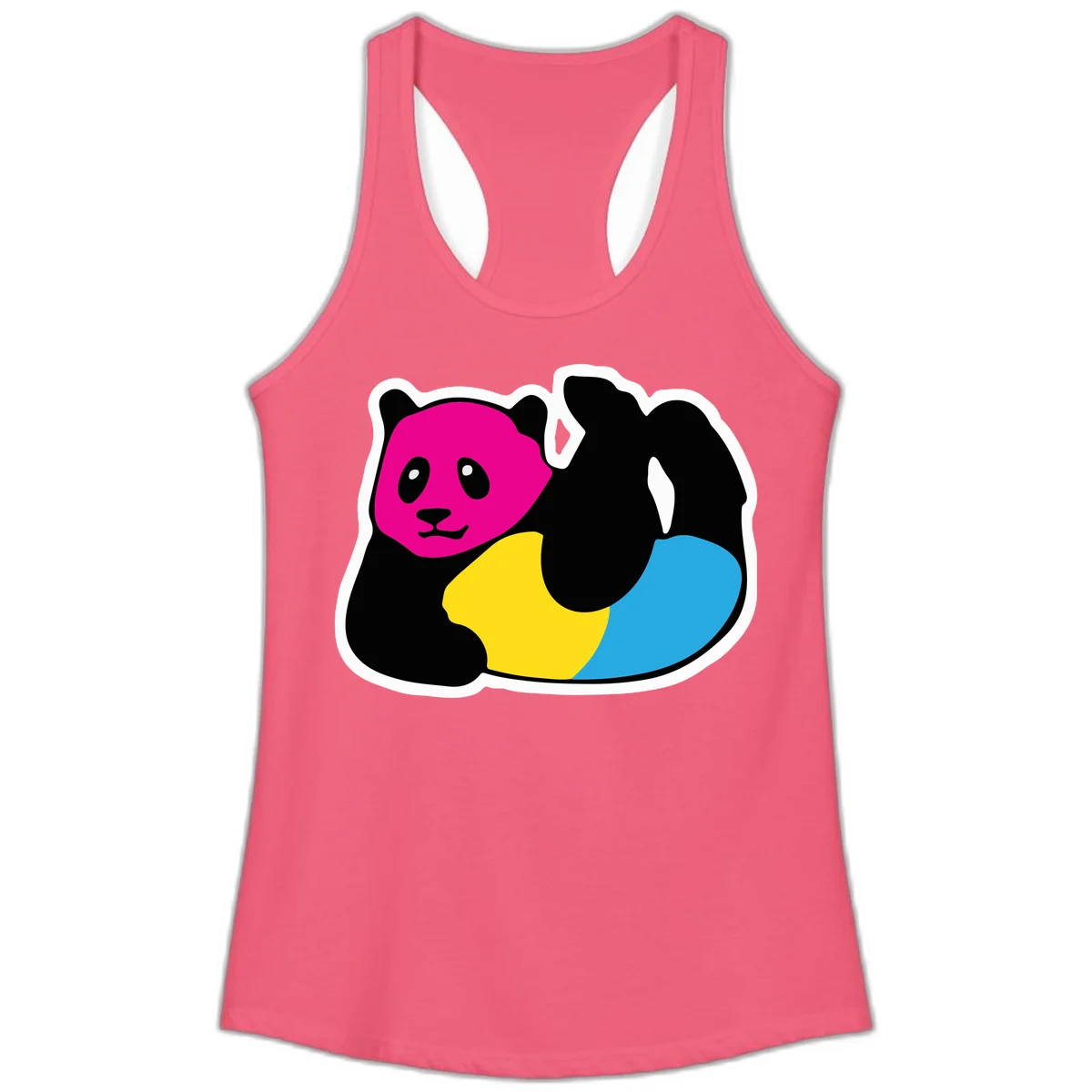 Cute panda illustration with magenta face, black body, and rainbow-colored yellow and cyan tail for pride-panda-rainbow design in Hot Pink