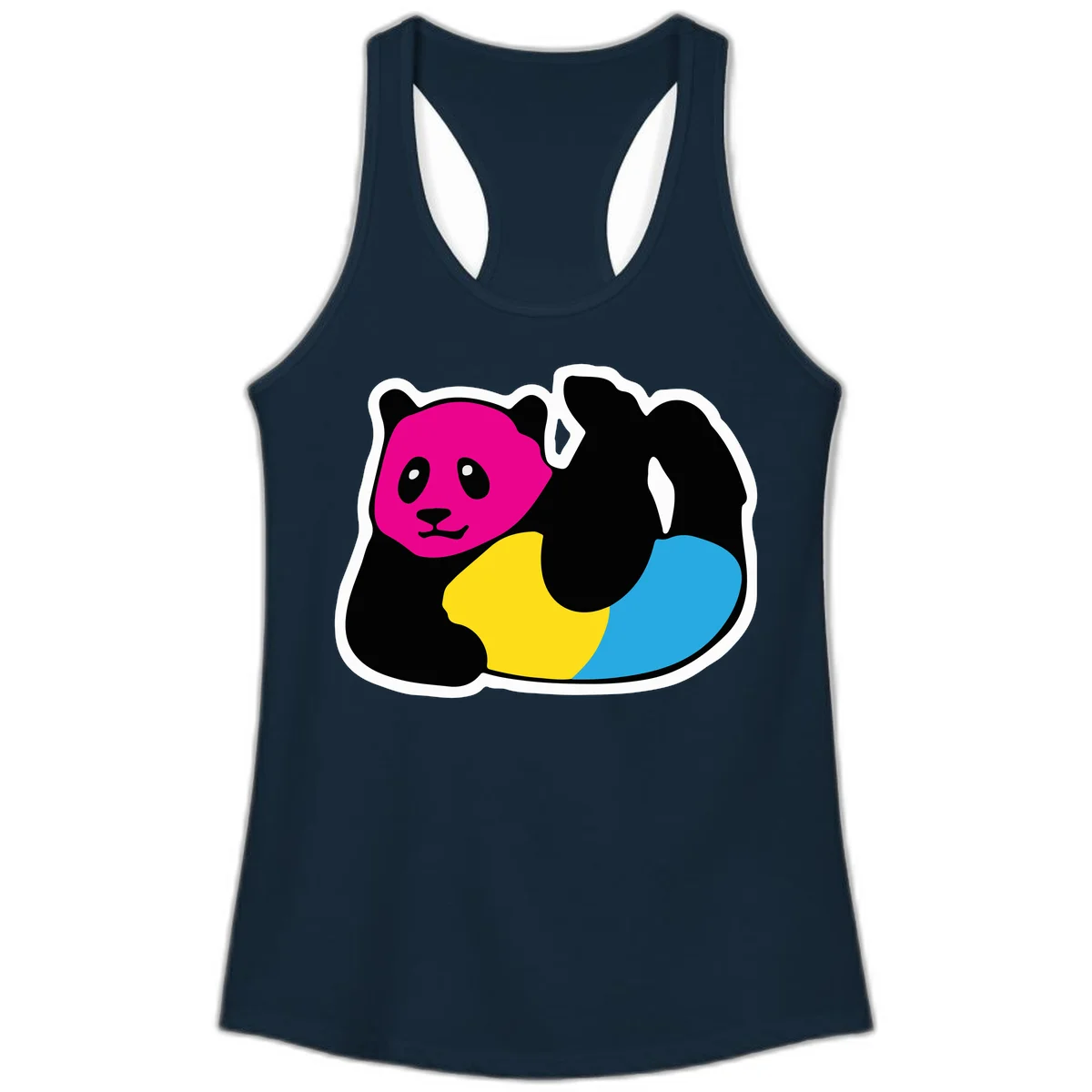 Cute panda illustration with magenta face, black body, and rainbow-colored yellow and cyan tail for pride-panda-rainbow design in Solid Midnight Navy