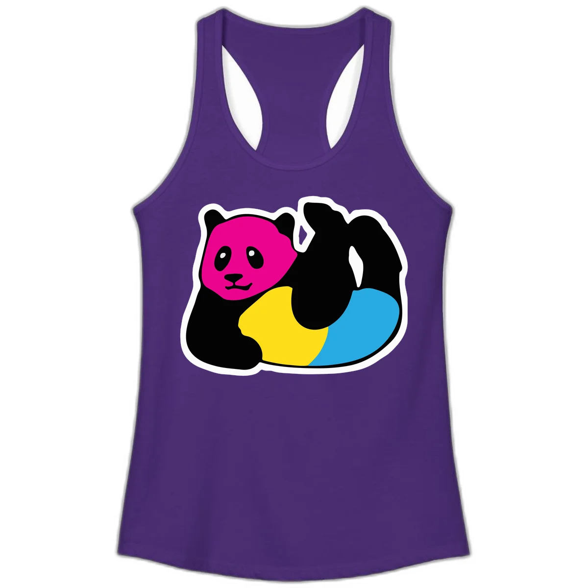 Cute panda illustration with magenta face, black body, and rainbow-colored yellow and cyan tail for pride-panda-rainbow design in Solid Purple Rush