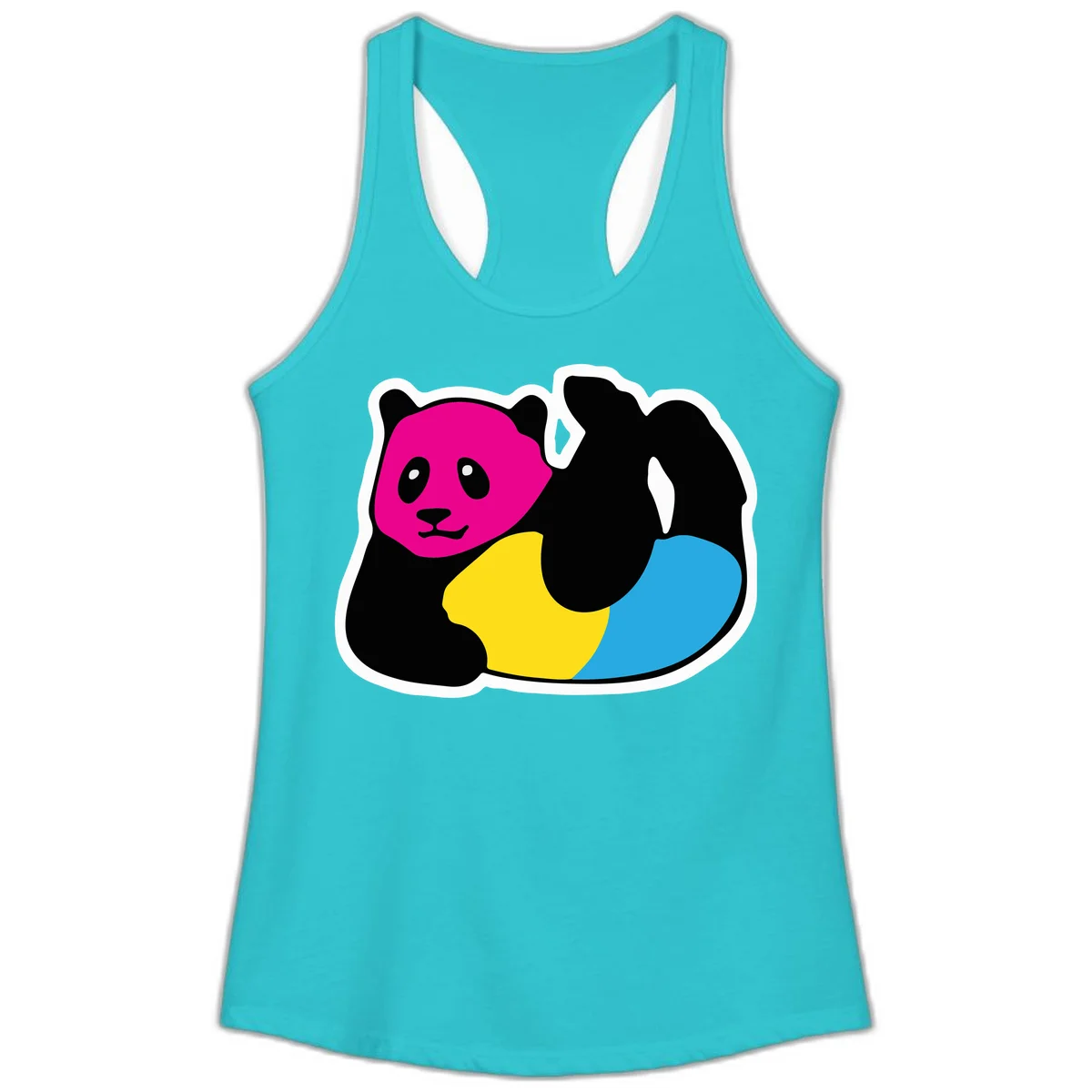 Cute panda illustration with magenta face, black body, and rainbow-colored yellow and cyan tail for pride-panda-rainbow design in Solid Tahiti Blue