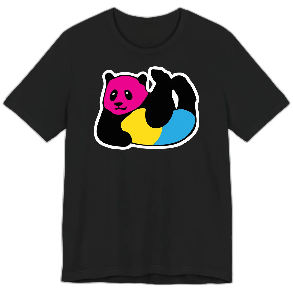 Cute panda illustration with magenta face, black body, and rainbow-colored yellow and cyan tail for pride-panda-rainbow design in Black