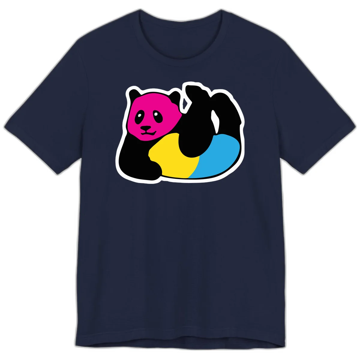 Cute panda illustration with magenta face, black body, and rainbow-colored yellow and cyan tail for pride-panda-rainbow design in Navy