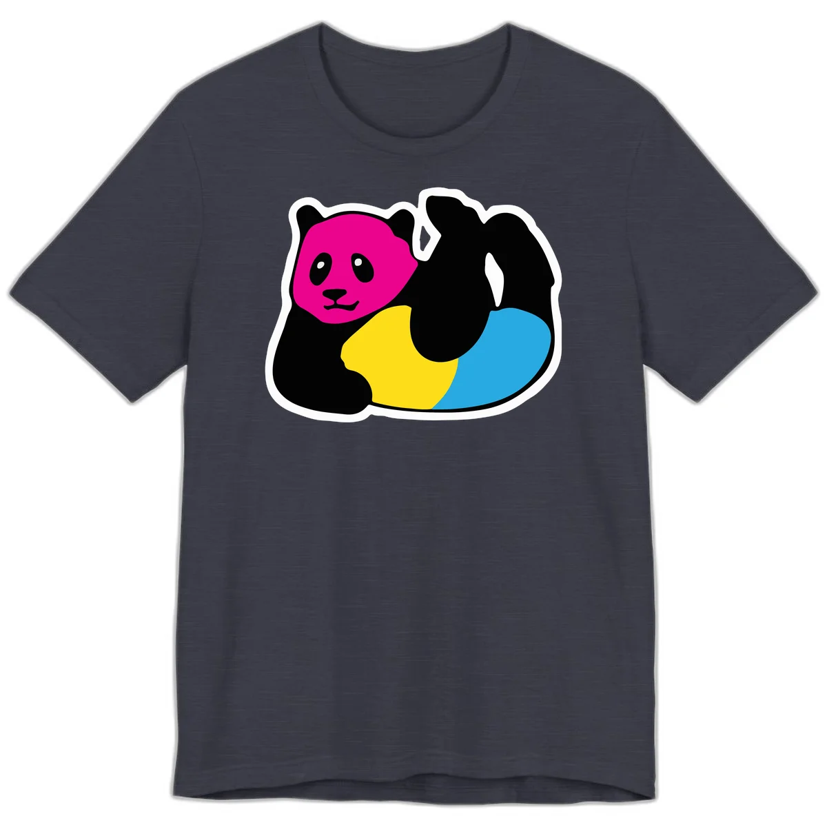 Cute panda illustration with magenta face, black body, and rainbow-colored yellow and cyan tail for pride-panda-rainbow design in Heather Midnight Navy