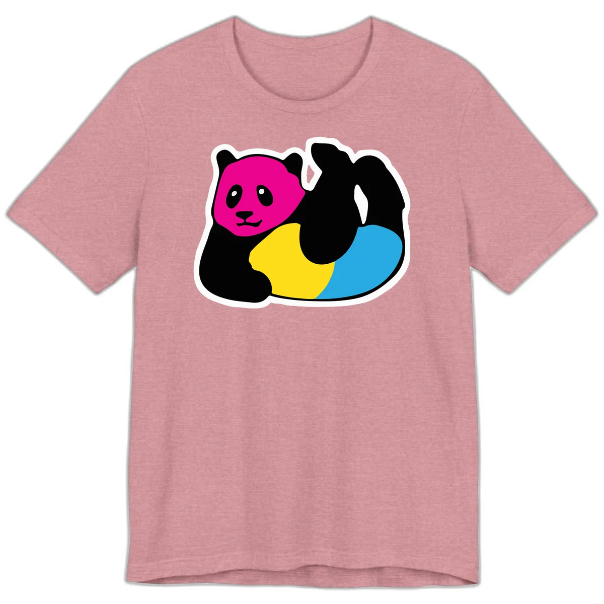 Cute panda illustration with magenta face, black body, and rainbow-colored yellow and cyan tail for pride-panda-rainbow design in Heather Orchid