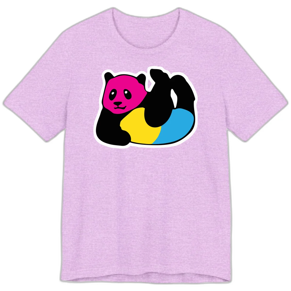 Cute panda illustration with magenta face, black body, and rainbow-colored yellow and cyan tail for pride-panda-rainbow design in Heather Prism Lilac