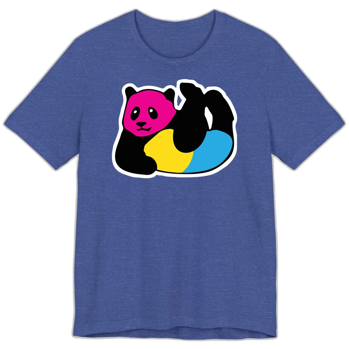 Cute panda illustration with magenta face, black body, and rainbow-colored yellow and cyan tail for pride-panda-rainbow design in Heather True Royal
