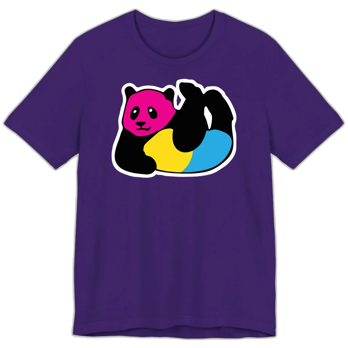 Cute panda illustration with magenta face, black body, and rainbow-colored yellow and cyan tail for pride-panda-rainbow design in Team Purple