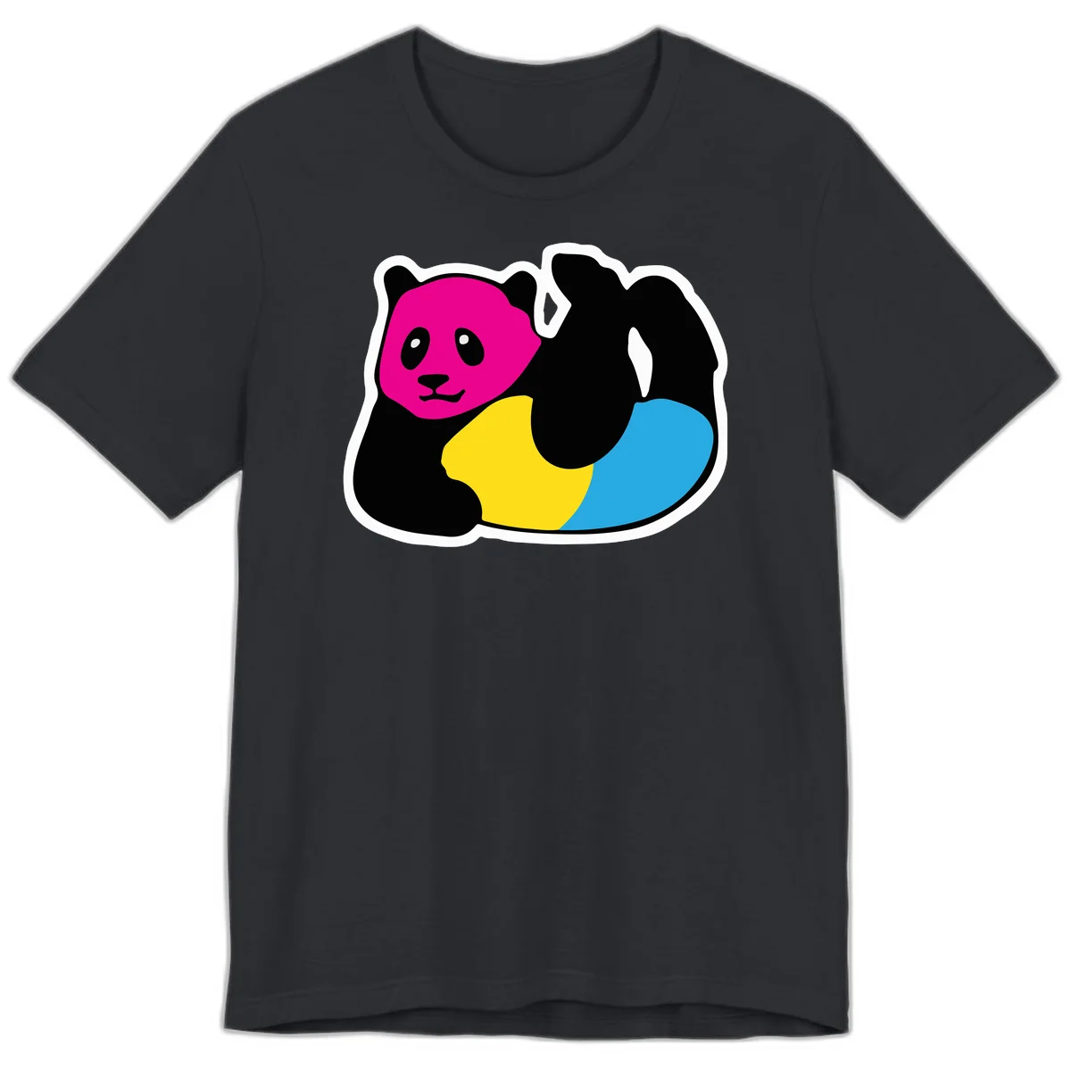 Cute panda illustration with magenta face, black body, and rainbow-colored yellow and cyan tail for pride-panda-rainbow design in Vintage Black