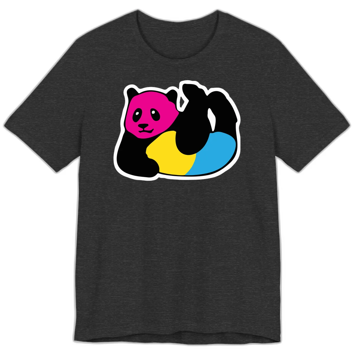 Cute panda illustration with magenta face, black body, and rainbow-colored yellow and cyan tail for pride-panda-rainbow design in Dark Grey Heather