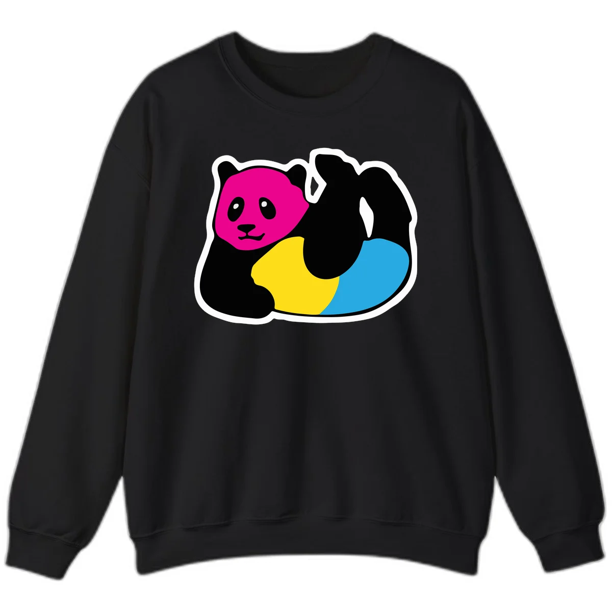 Cute panda illustration with magenta face, black body, and rainbow-colored yellow and cyan tail for pride-panda-rainbow design in Black