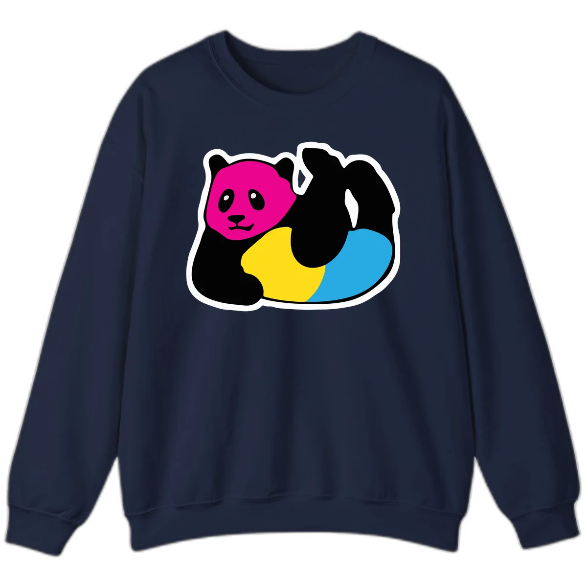 Cute panda illustration with magenta face, black body, and rainbow-colored yellow and cyan tail for pride-panda-rainbow design in Navy