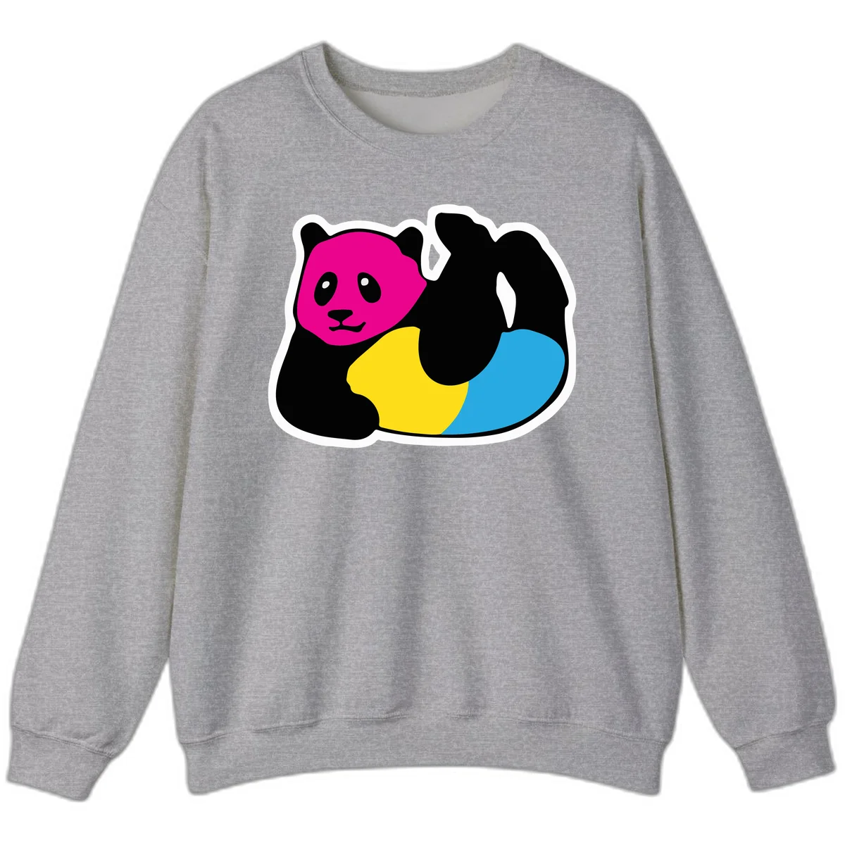 Cute panda illustration with magenta face, black body, and rainbow-colored yellow and cyan tail for pride-panda-rainbow design in Sport Grey