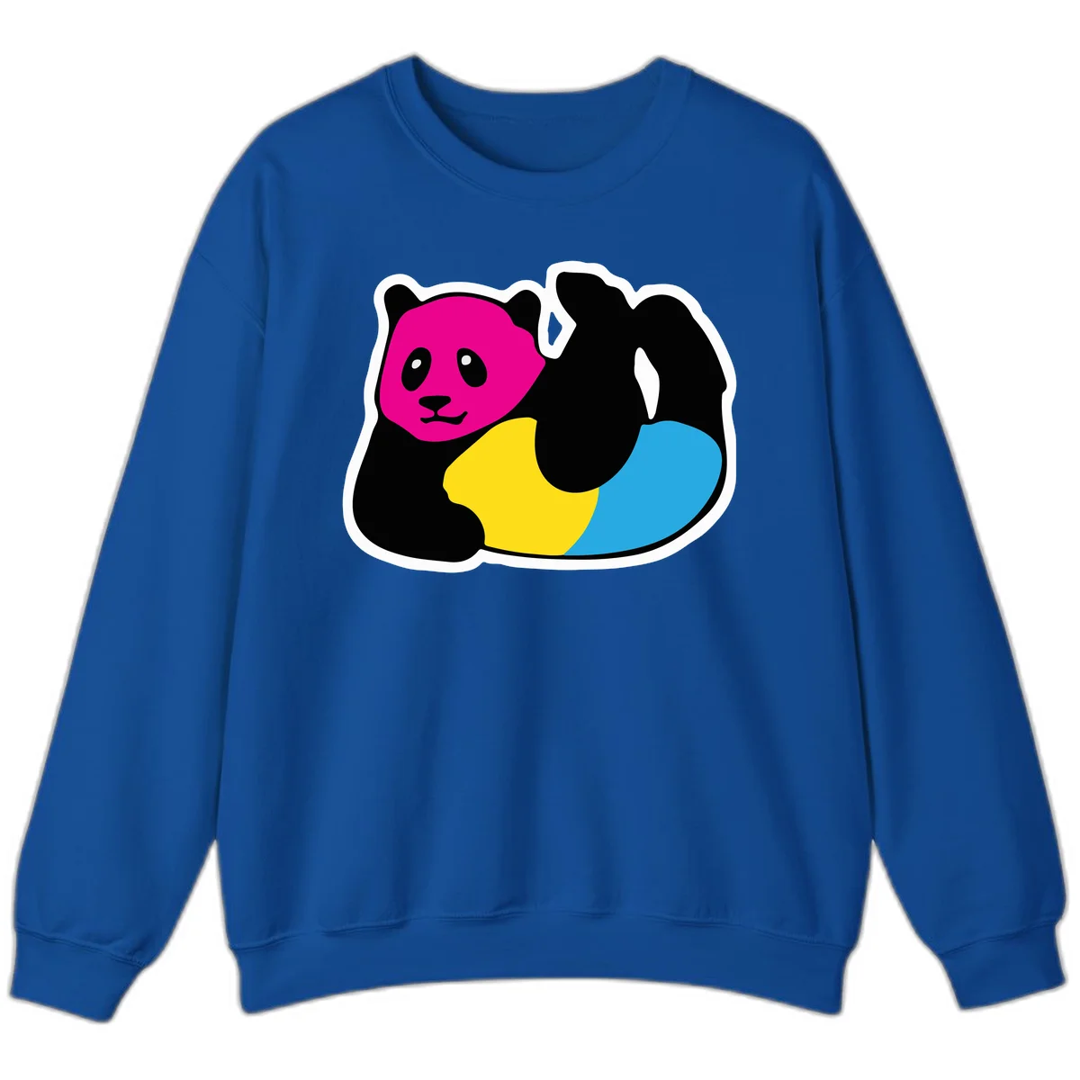 Cute panda illustration with magenta face, black body, and rainbow-colored yellow and cyan tail for pride-panda-rainbow design in Royal