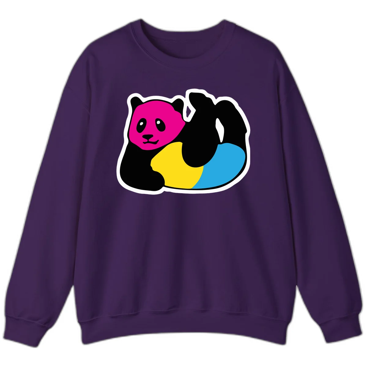 Cute panda illustration with magenta face, black body, and rainbow-colored yellow and cyan tail for pride-panda-rainbow design in Purple