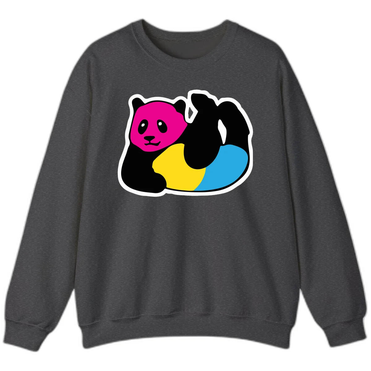 Cute panda illustration with magenta face, black body, and rainbow-colored yellow and cyan tail for pride-panda-rainbow design in Dark Heather