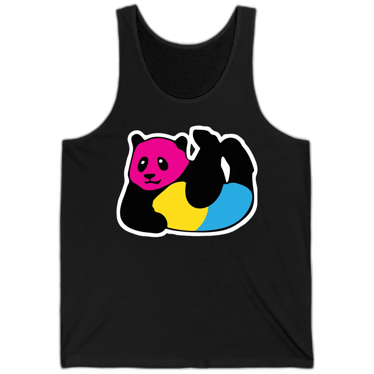 Cute panda illustration with magenta face, black body, and rainbow-colored yellow and cyan tail for pride-panda-rainbow design in Black