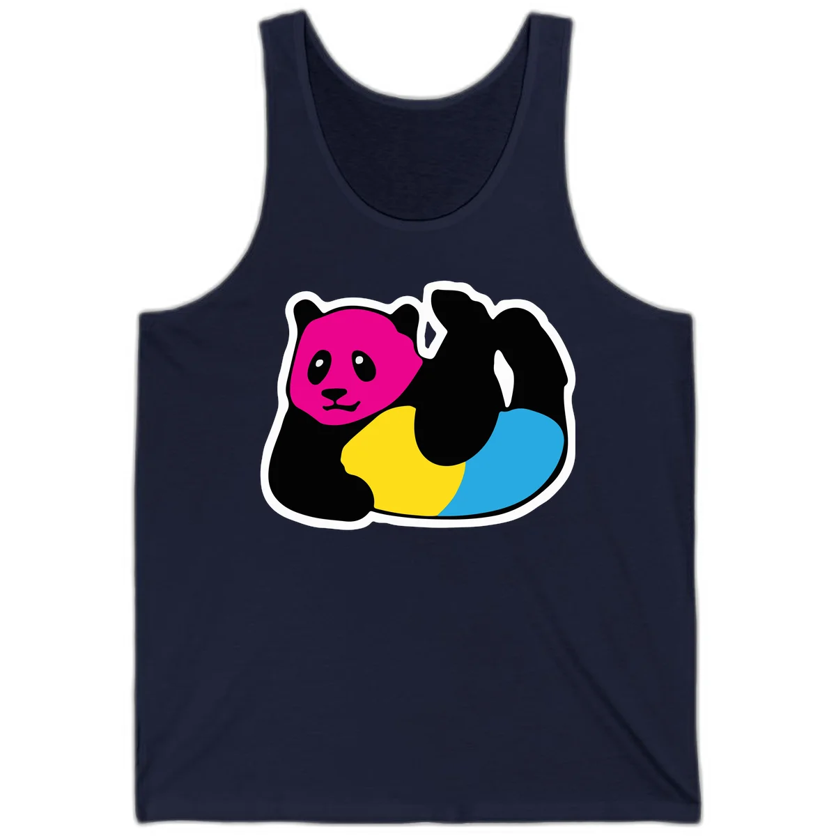 Cute panda illustration with magenta face, black body, and rainbow-colored yellow and cyan tail for pride-panda-rainbow design in Navy