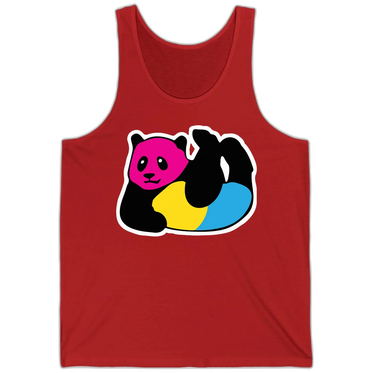 Cute panda illustration with magenta face, black body, and rainbow-colored yellow and cyan tail for pride-panda-rainbow design in Red