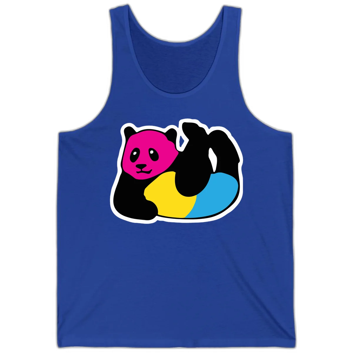 Cute panda illustration with magenta face, black body, and rainbow-colored yellow and cyan tail for pride-panda-rainbow design in True Royal