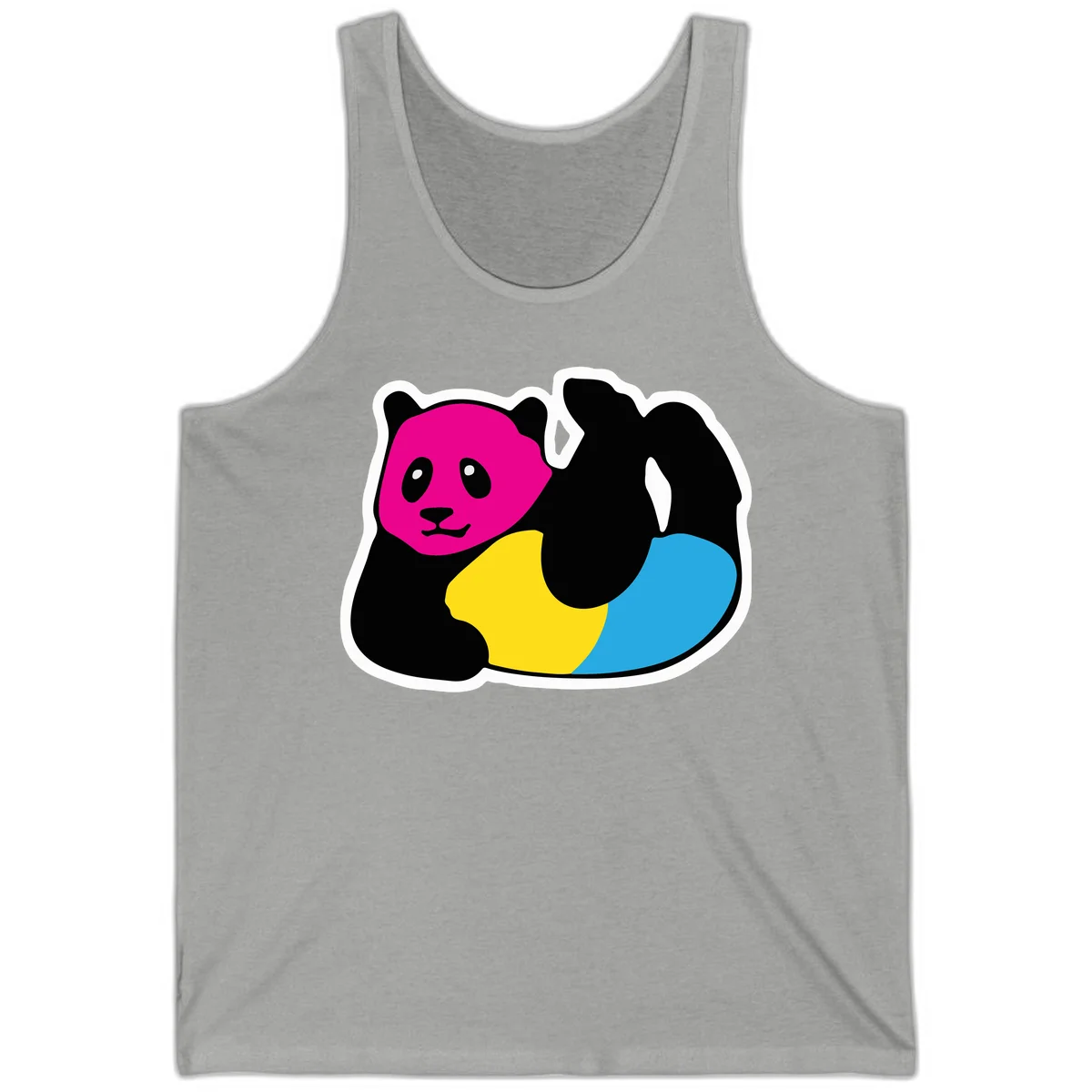 Cute panda illustration with magenta face, black body, and rainbow-colored yellow and cyan tail for pride-panda-rainbow design in Athletic Heather