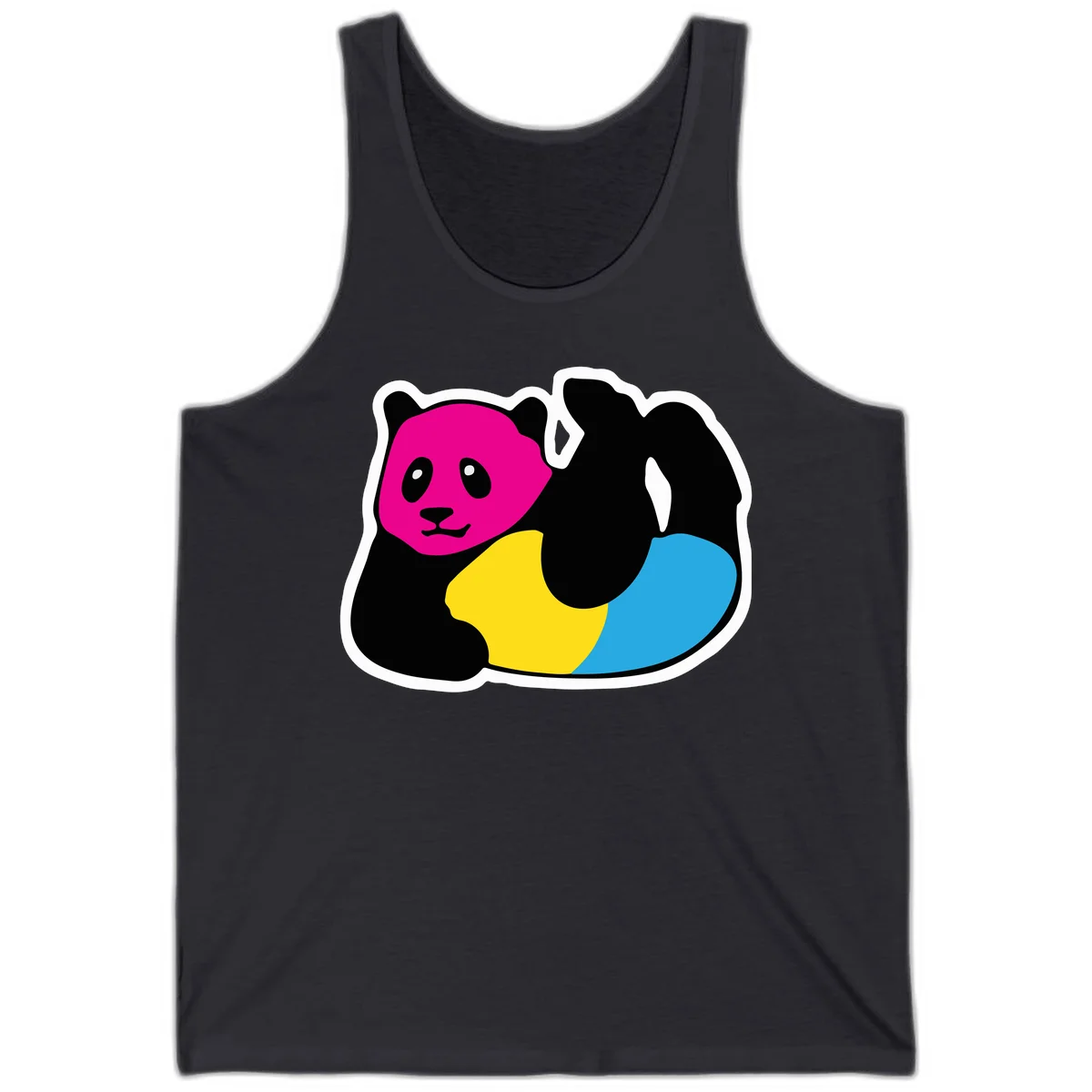 Cute panda illustration with magenta face, black body, and rainbow-colored yellow and cyan tail for pride-panda-rainbow design in Dark Grey