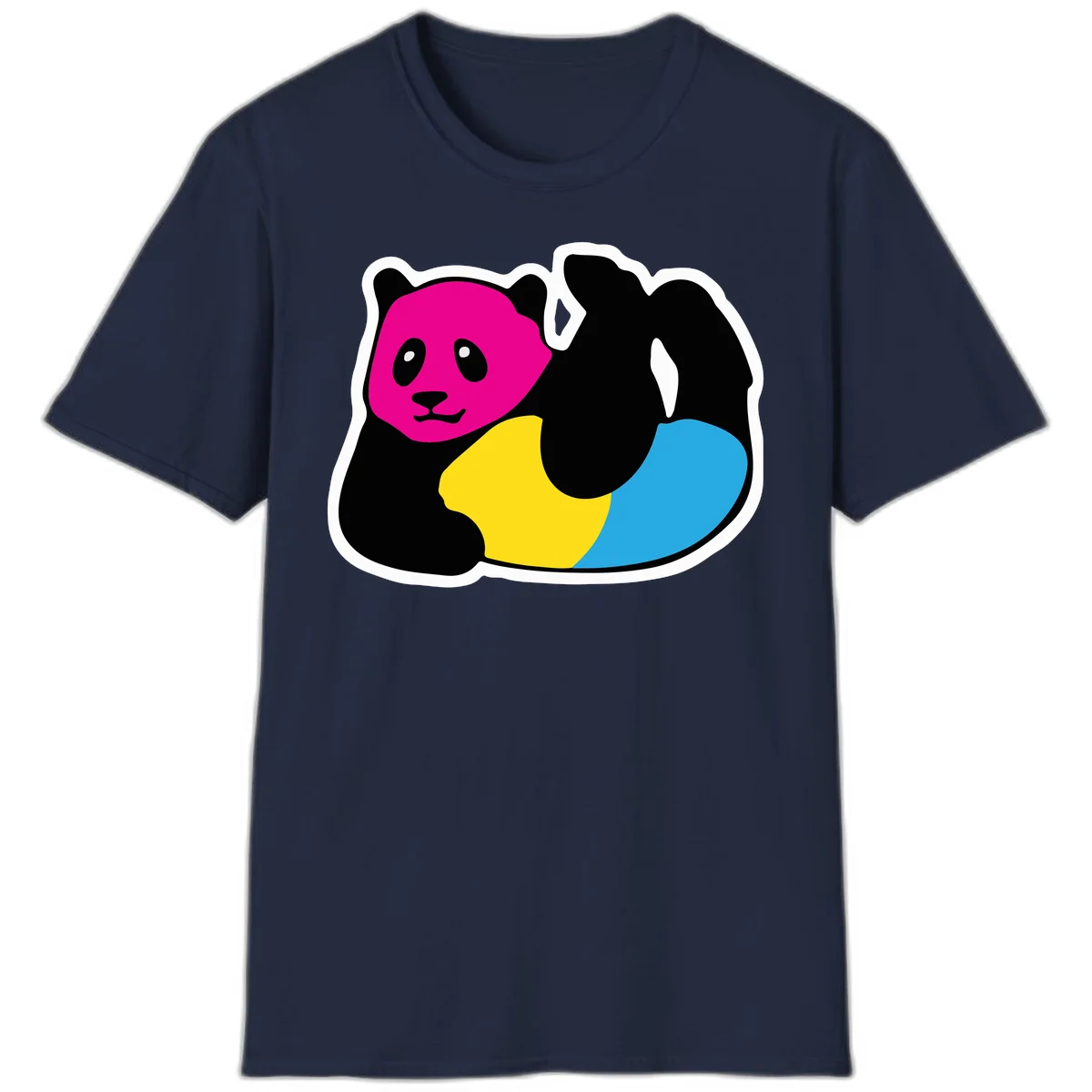 Cute panda illustration with magenta face, black body, and rainbow-colored yellow and cyan tail for pride-panda-rainbow design in Navy