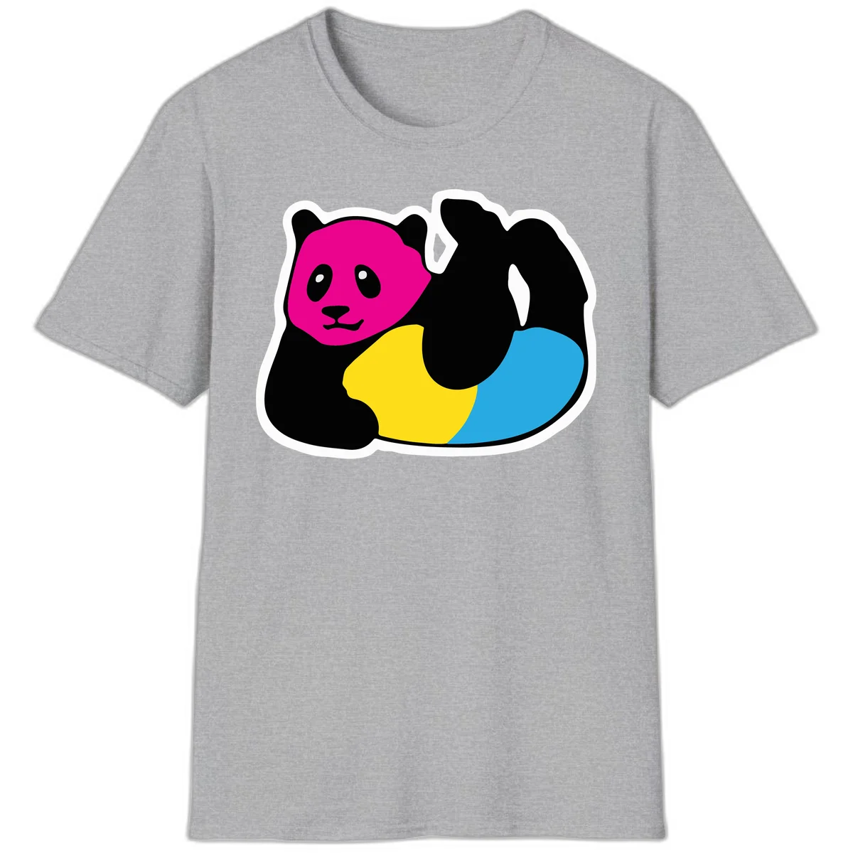 Cute panda illustration with magenta face, black body, and rainbow-colored yellow and cyan tail for pride-panda-rainbow design in Sport Grey