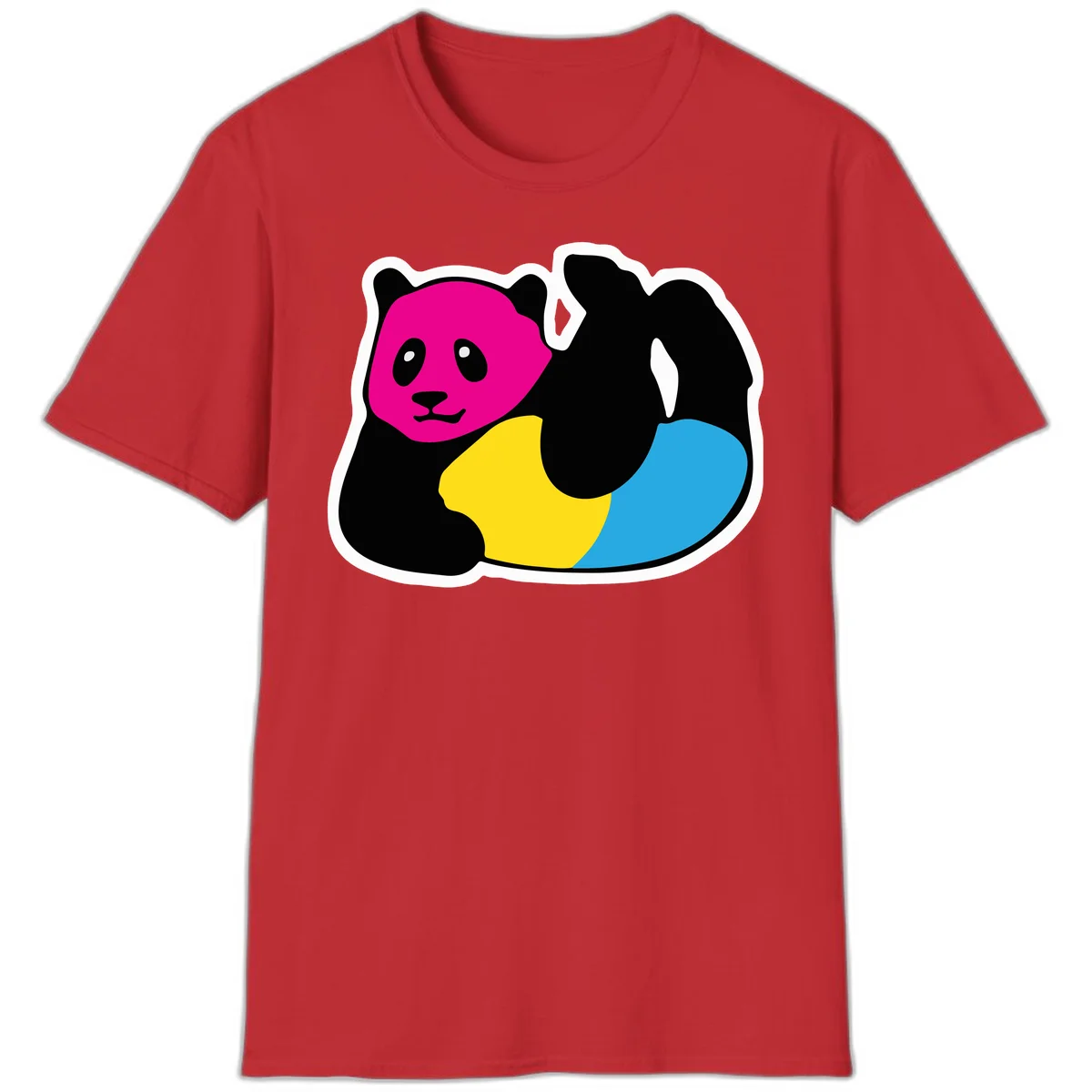 Cute panda illustration with magenta face, black body, and rainbow-colored yellow and cyan tail for pride-panda-rainbow design in Red