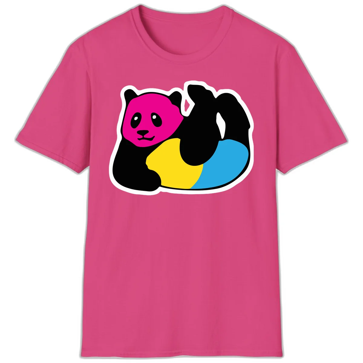 Cute panda illustration with magenta face, black body, and rainbow-colored yellow and cyan tail for pride-panda-rainbow design in Heliconia