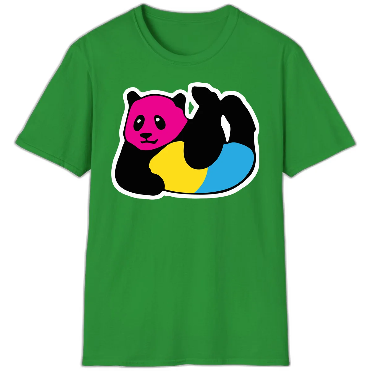 Cute panda illustration with magenta face, black body, and rainbow-colored yellow and cyan tail for pride-panda-rainbow design in Irish Green