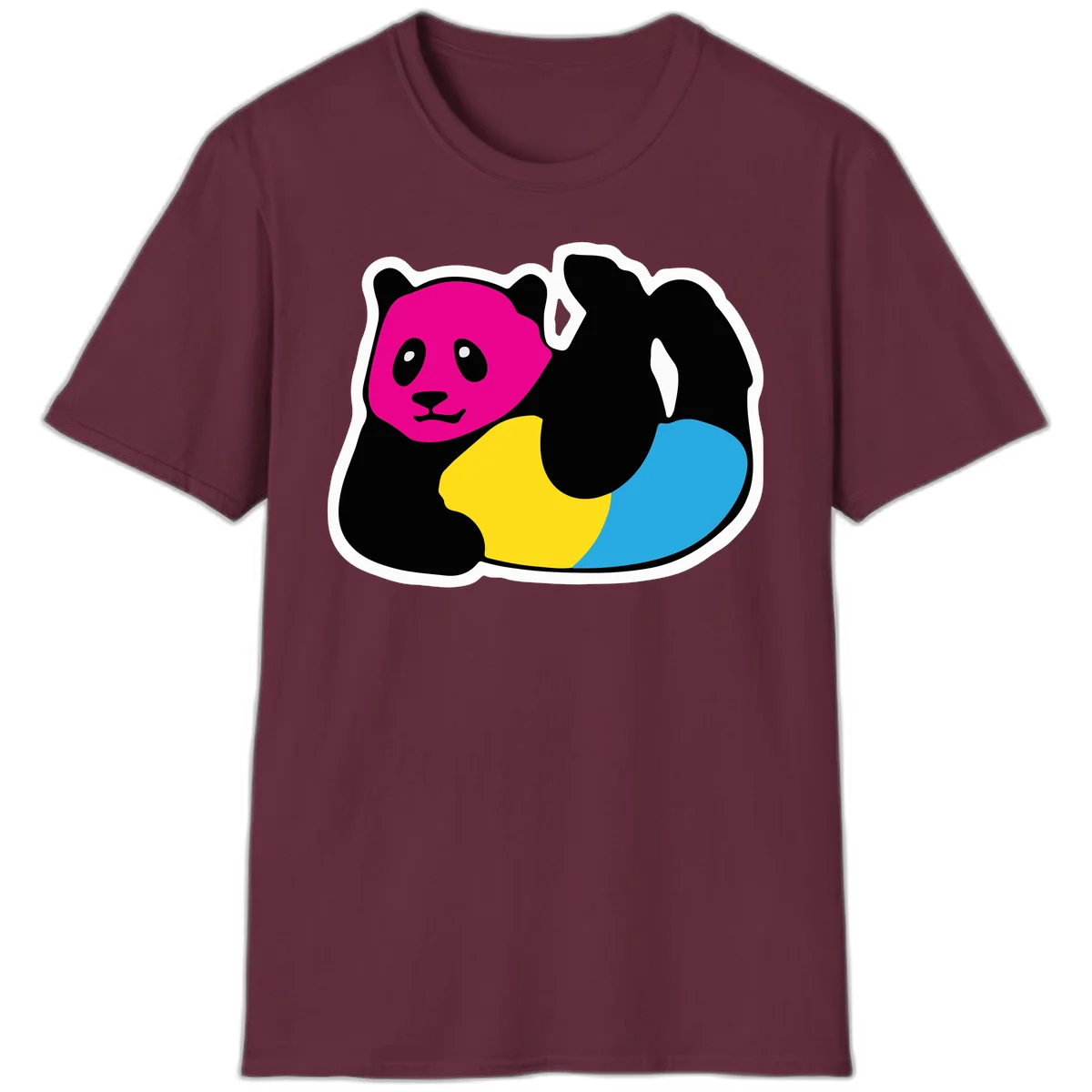 Cute panda illustration with magenta face, black body, and rainbow-colored yellow and cyan tail for pride-panda-rainbow design in Maroon