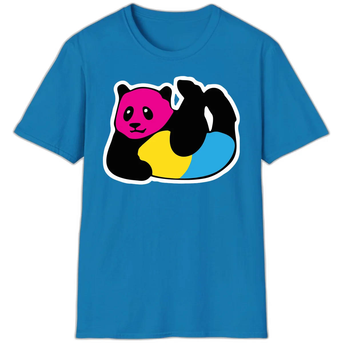 Cute panda illustration with magenta face, black body, and rainbow-colored yellow and cyan tail for pride-panda-rainbow design in Sapphire
