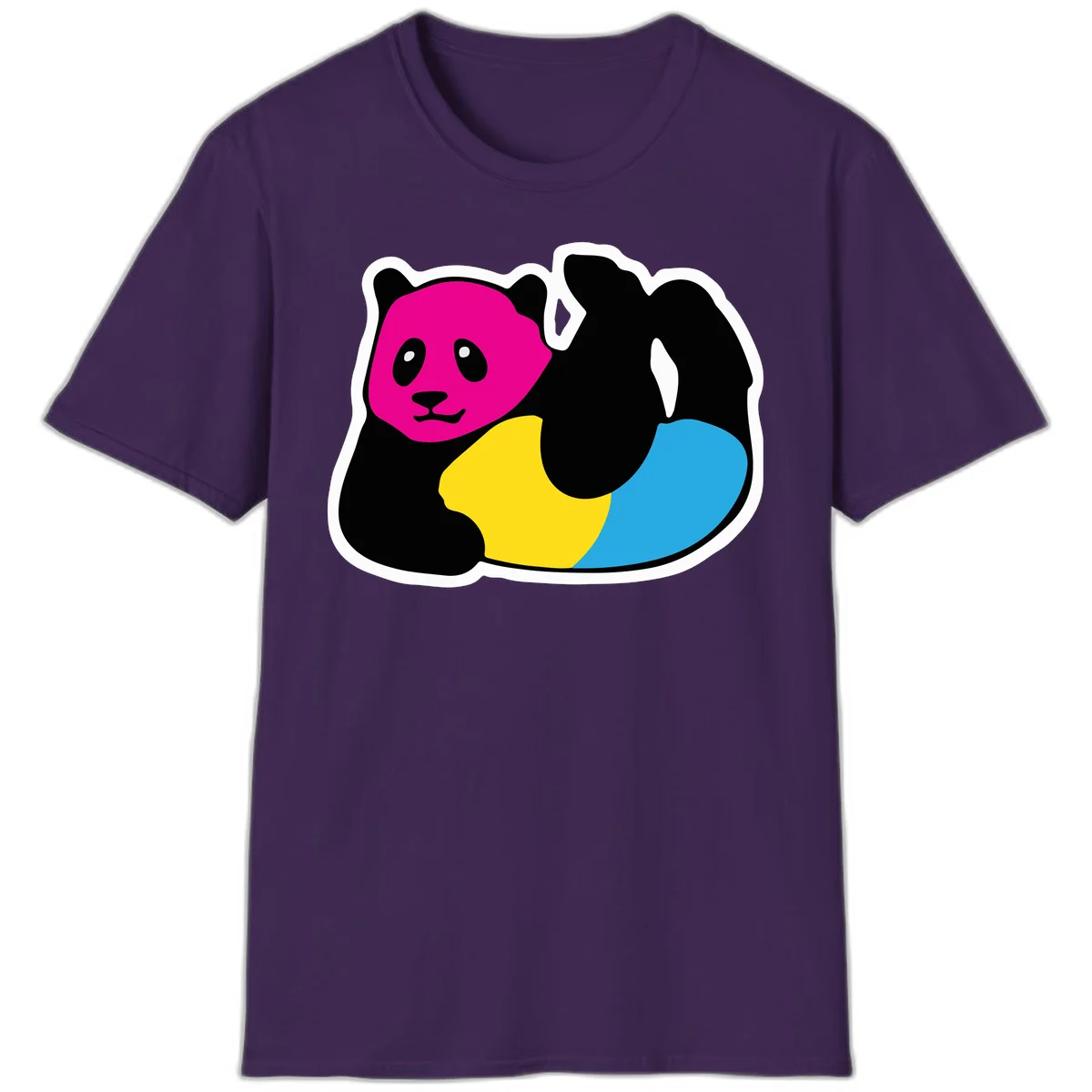 Cute panda illustration with magenta face, black body, and rainbow-colored yellow and cyan tail for pride-panda-rainbow design in Purple