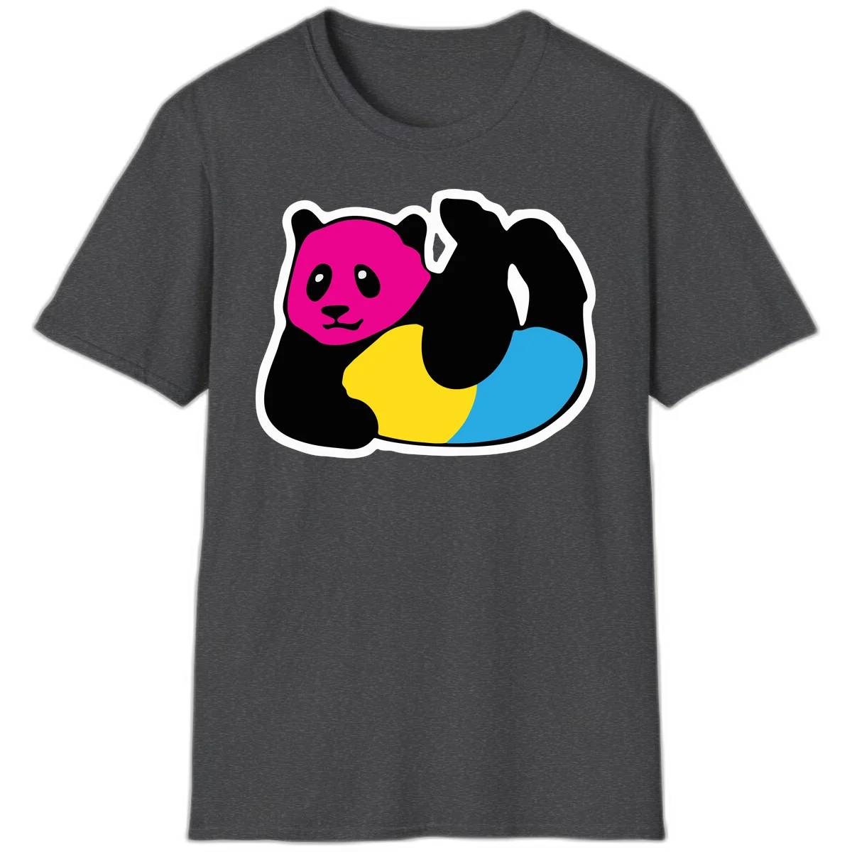Cute panda illustration with magenta face, black body, and rainbow-colored yellow and cyan tail for pride-panda-rainbow design in Dark Heather