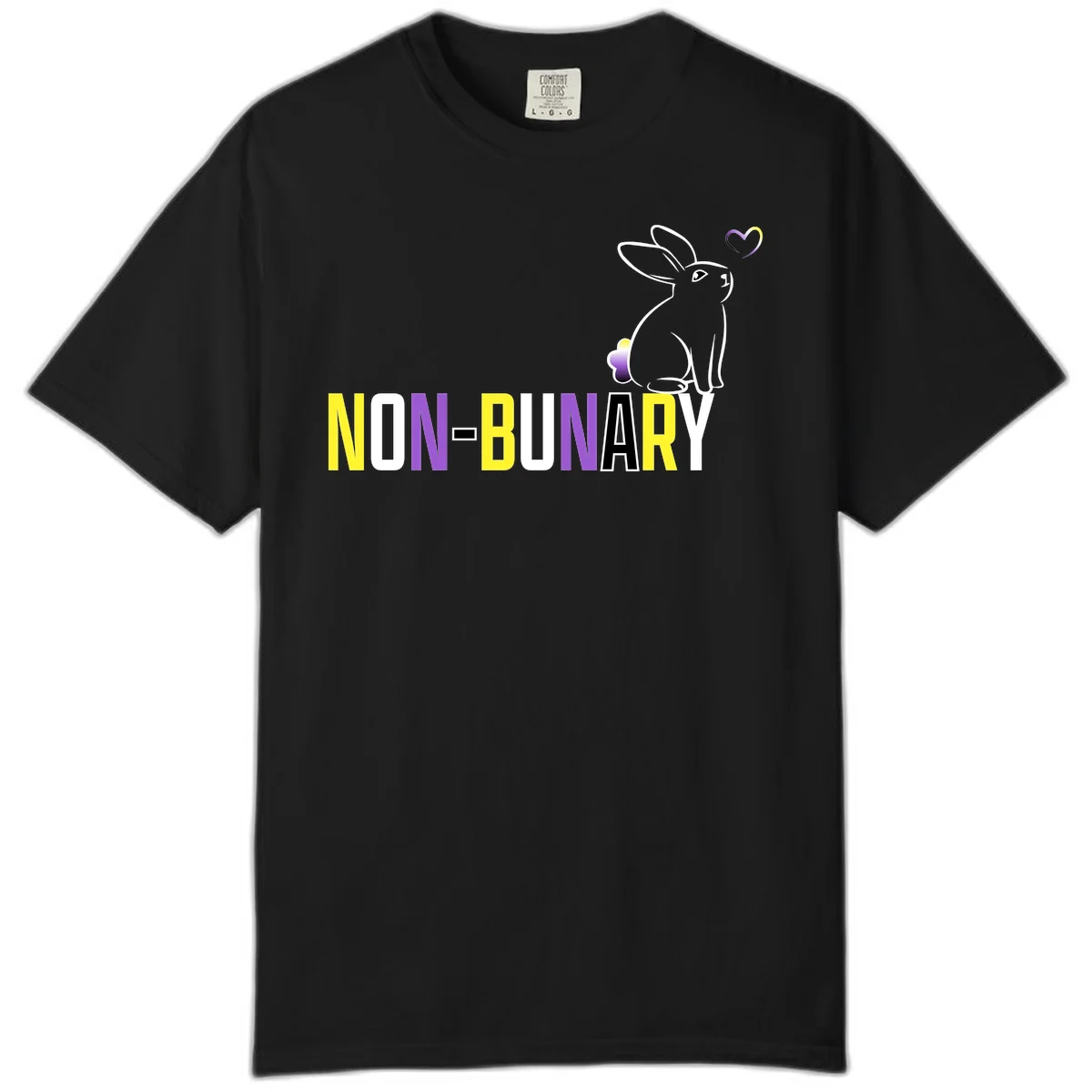 Non-binary bunny pride design featuring a white-outlined rabbit with gradient heart symbol and colorful 'NON-BINARY' text in yellow, purple, and white in Black
