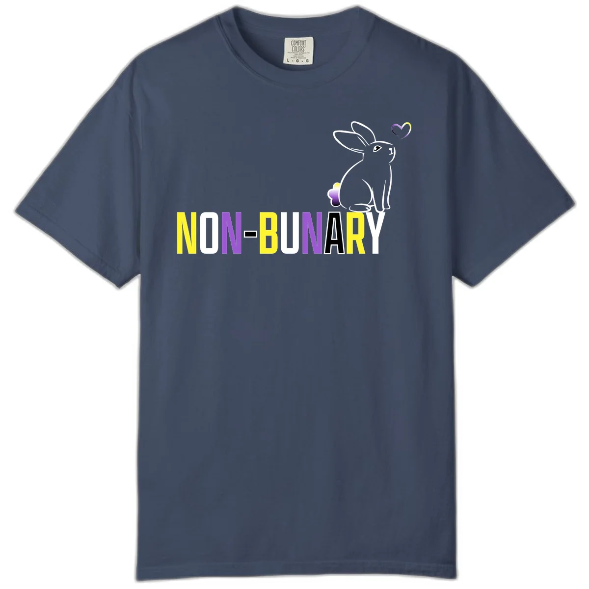 Non-binary bunny pride design featuring a white-outlined rabbit with gradient heart symbol and colorful 'NON-BINARY' text in yellow, purple, and white in Midnight