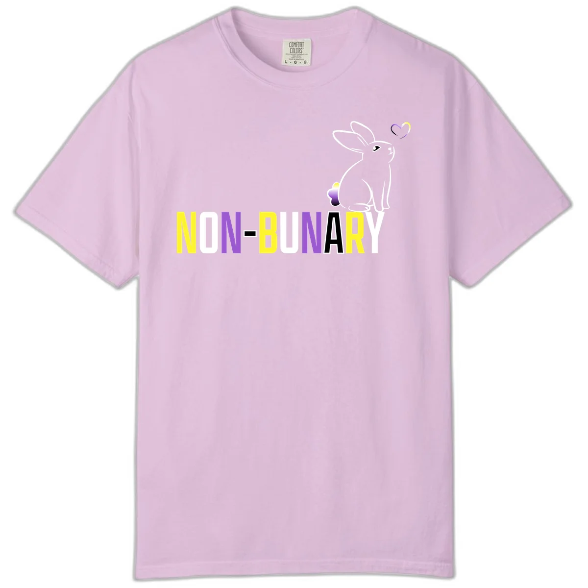 Non-binary bunny pride design featuring a white-outlined rabbit with gradient heart symbol and colorful 'NON-BINARY' text in yellow, purple, and white in Orchid