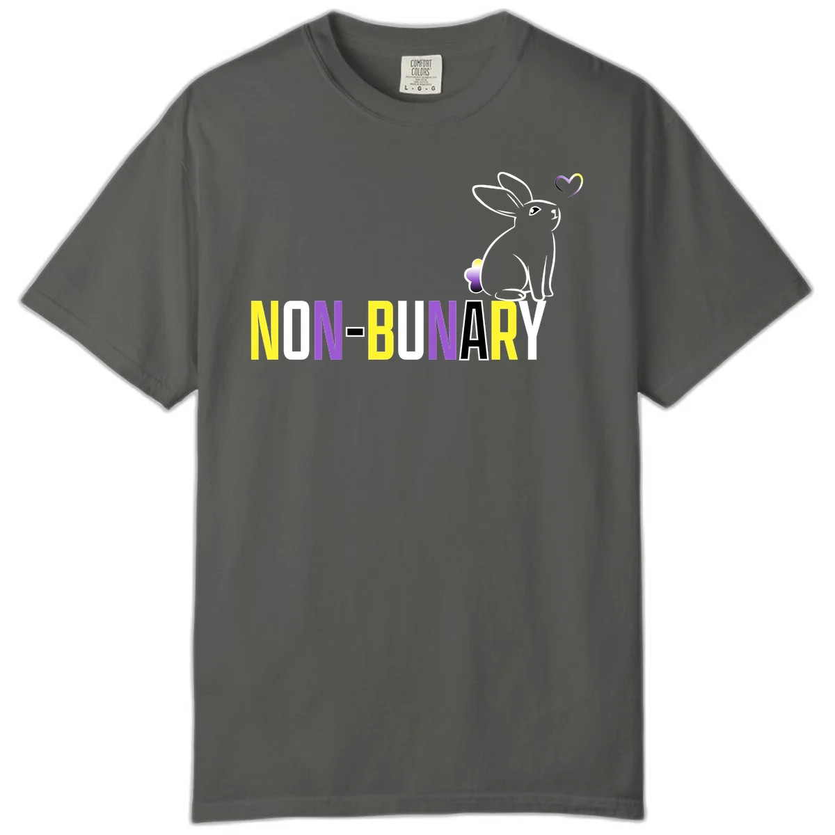 Non-binary bunny pride design featuring a white-outlined rabbit with gradient heart symbol and colorful 'NON-BINARY' text in yellow, purple, and white in Pepper